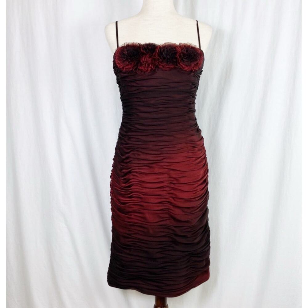 Adrianna Papell Ombre Ruffle Rosette Ruched Dress 12 Wine Black Vampy Goth Prom